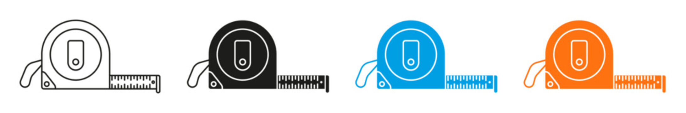 Tape measure icon. Retractable ruler and measuring tool symbols representing length, dimensions, sizing, construction, carpentry, tailoring, engineering, and accuracy. Editable outline and solid style