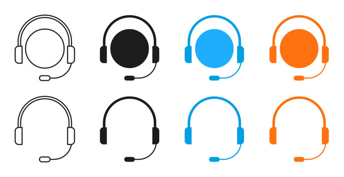 Headset icon set. Headphones, microphone, call center, customer support, operator, and communication symbols representing service, assistance, helpdesk, audio, and online contact.