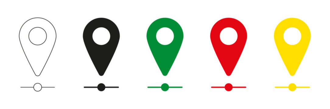 Map pin icon set. Location marker, navigation pointer, destination, address, place, and geolocation symbols representing GPS, travel, routes, mapping, and positioning.