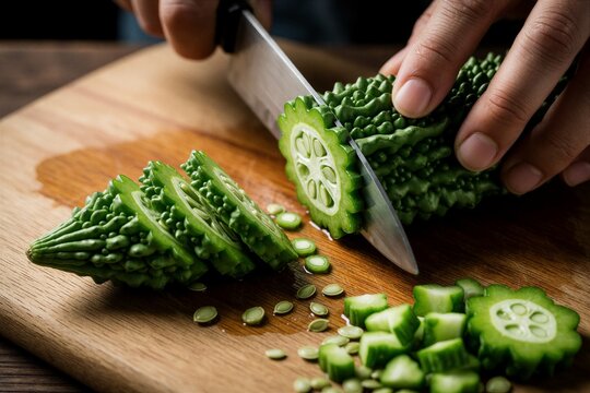 Person cuts fresh bitter gourd with metal knife on wooden board. Chef slices green vegetable for healthy dish preparation in kitchen. Raw exotic plant with seeds sits on table surface ready for