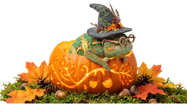 Cute chameleon wearing a witch hat and glasses in a pumpkin isolated on transparent background