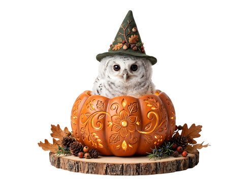Cute snowy owl wearing a witch hat inside a glowing pumpkin isolated on transparent background