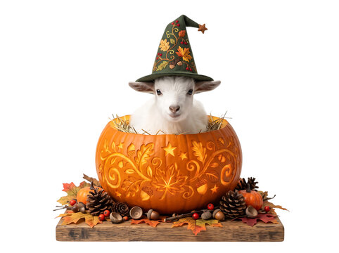 Adorable baby goat wearing a witch hat inside a glowing pumpkin isolated on transparent background