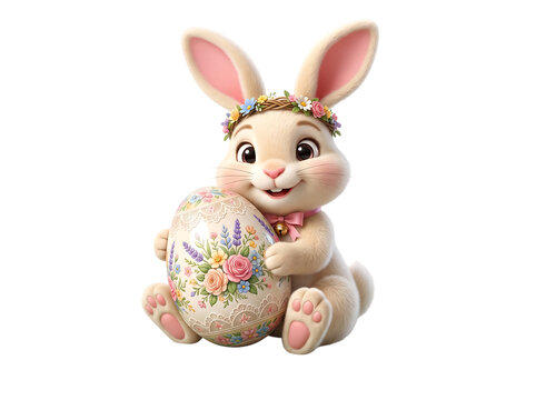 Sitting Easter bunny holding a vintage floral egg isolated on transparent background for spring