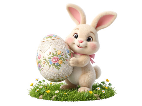Happy Easter bunny holding a decorative floral egg isolated on transparent background for spring