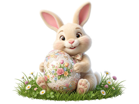 Cheerful Easter bunny with a floral egg isolated on transparent background for seasonal greeting