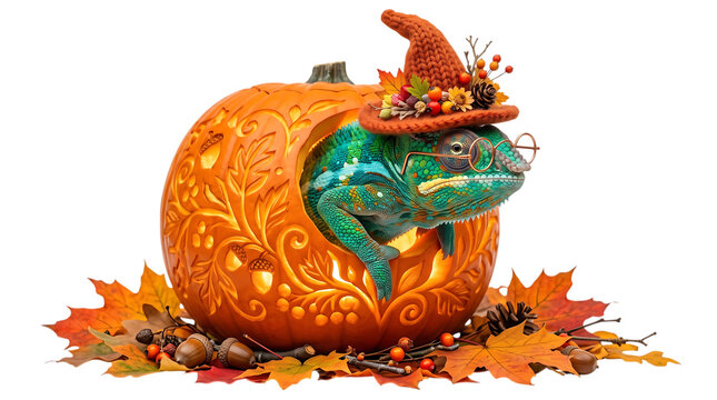 Cute chameleon in a carved pumpkin hat isolated on transparent background for Halloween decor