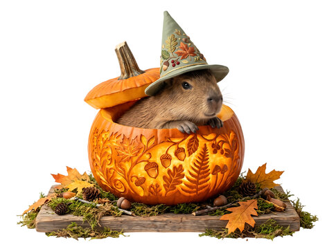 Capybara wearing a green witch hat in a carved pumpkin isolated on transparent background art