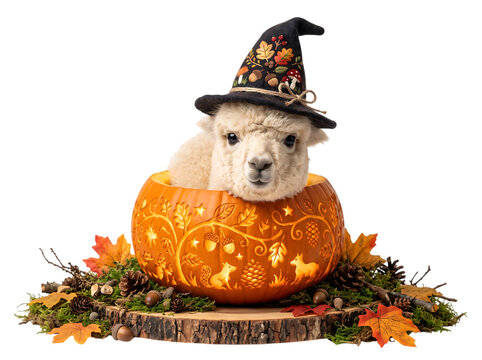 Adorable alpaca in a carved pumpkin, isolated on transparent background for Halloween art.