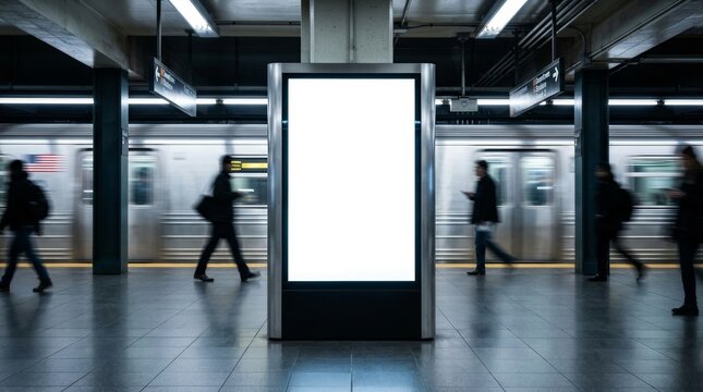 Blank vertical billboard in a subway station with a passing train and motion blur.