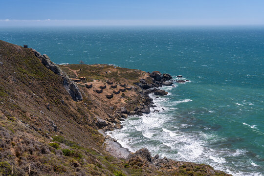 Scenic view overlooking the historic Steep Ravine cabins and Rocky Point Road along the rugged Northern California coastline near Marin County.
