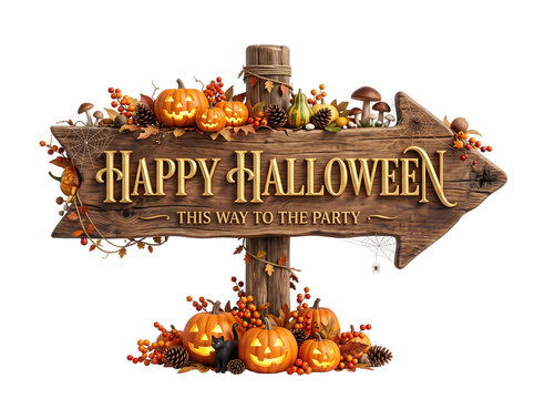 Happy Halloween party directional wooden sign with pumpkins isolated on transparent background