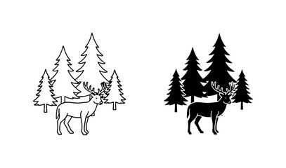 Obraz premium Deer in Forest Silhouette Vector Set, Wildlife Nature Graphic Elements, Woodland Animal Icon