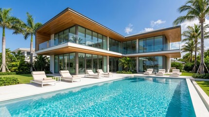 Fototapeta premium Modern luxury villa featuring a large swimming pool and green lawn with palm trees.