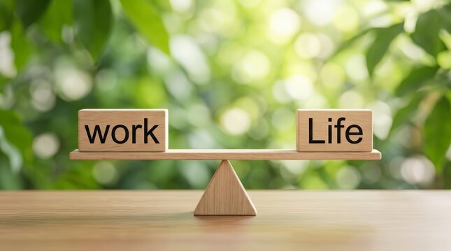 Wooden blocks spelling work and life on a balance scale for work-life balance concept.