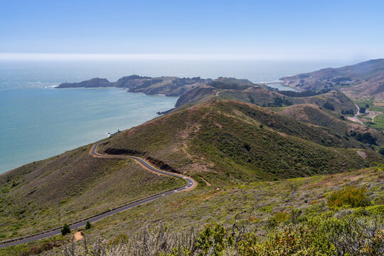 The scenic Conzelman Road overlooks Point Bonita and the rugged Pacific coastline within the expansive Marin Headlands of California.