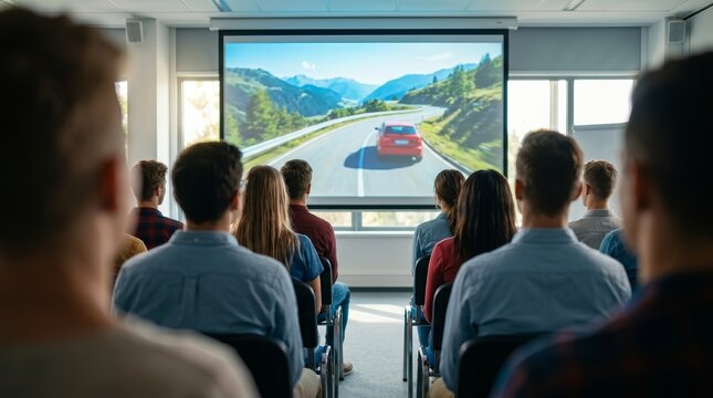Diverse students attend a driver education class watching a road safety presentation.