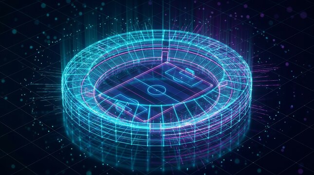 Futuristic digital arena featuring a neon wireframe soccer field structure.