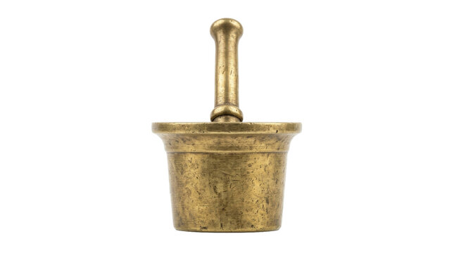 Antique brass mortar and pestle on white background