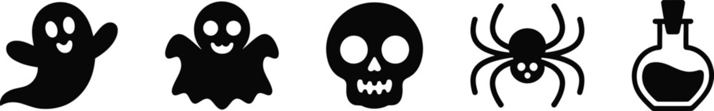Collection of spooky Halloween themed icons featuring ghosts skulls and spider
