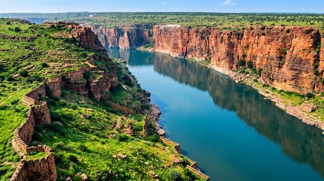 Beautiful Aerial Style View of Lake Gandikota, the Grand Canyon of India, with Rugged Cliffs and Blue Water
