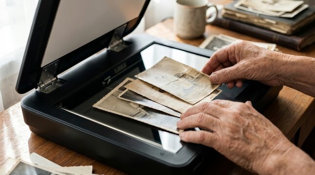 Person carefully arranging old vintage photos on a scanner bed for digitization.