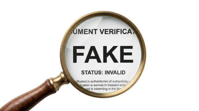 Magnifying glass focus on fake document verification with invalid status