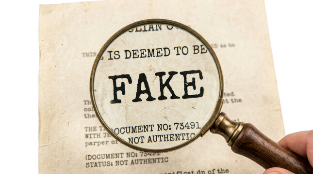 Magnifying glass reveals fake document stamp