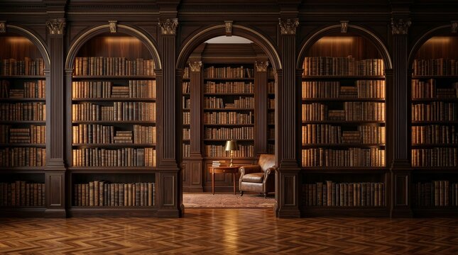 Antique dark wood library featuring leather bound books on tall bookshelves.