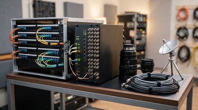 Video distribution workstation with fiber patch panels, routing switches, camera lenses, satellite dish model, and broadcast cables