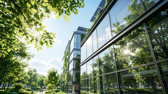 Modern green building featuring tree reflections in the glass facade windows.