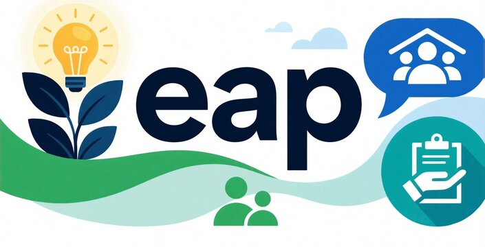 Employee assistance program EAP word logo with glowing lightbulb sprout, people icons. Human resource corporate support design concept for mental health wellbeing training session. Professional work