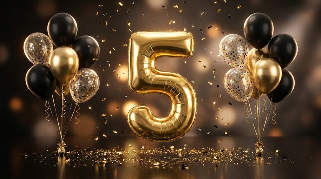 Golden number 5 balloon with black and gold balloon bunches and falling confetti.