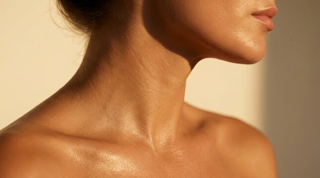 Close-up of a sun tanned woman's neck and collarbone in golden hour sunlight.