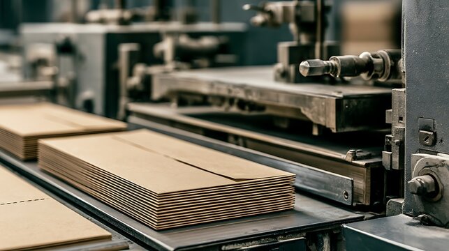 Industrial paper folding machine processing cardboard boxes in a factory. Automation technology for manufacturing.