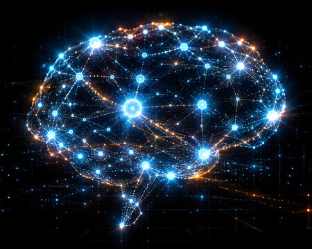 Glowing neural network AI visualization on dark blue background