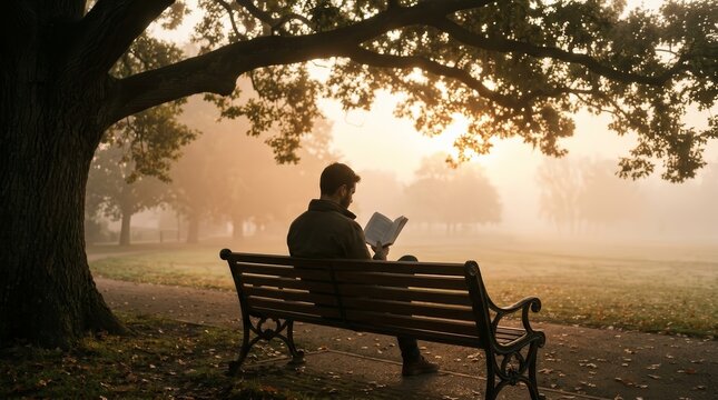 Man sitting on a bench reading a book under a large tree at sunrise.