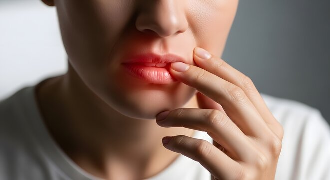 Painful lips with red irritation, person touching mouth due to cold sore, herpes, or chapped skin discomfort
