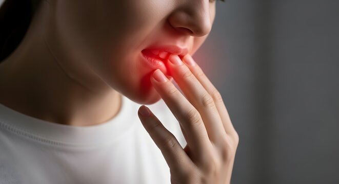 Woman suffering from oral pain, touching her sore mouth with a red glow indicating inflammation or dental discomfort.