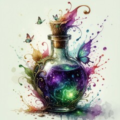 Fototapeta premium Glass bottle holds swirling purple liquid with glowing green nebula. Colorful paint splashes and butterflies surround potion. Ornate vine decorates flask. Fantasy elixir in container.