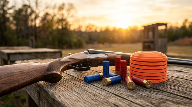 Shotgun with colorful shells and orange clay targets on a wooden table at a shooting range.