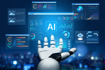 Fototapeta premium AI business intelligence interface featuring real-time AI data visualization, predictive AI model graphs, and automated report tools driven by AI artificial intelligence for business solution. Corpus