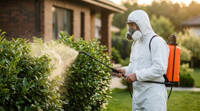 Professional exterminator in a protective suit spraying insecticide on garden plants.