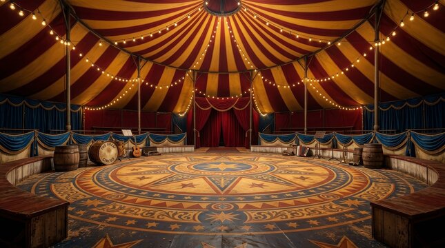 Interior of a big top circus tent featuring red and yellow striped fabric.