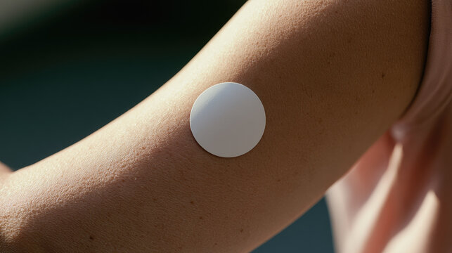 Glucose monitor patch on arm close up, white round sensor on skin, natural light, healthy skin, cropped body, blurred background, medical device