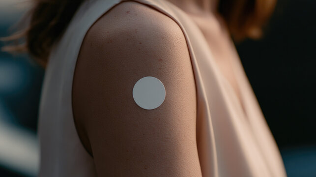 Glucose monitor patch on upper arm close up skin texture natural light cropped person blurred background medical device health care white patch round patch skin adhesive