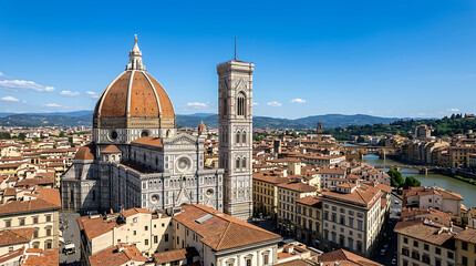 Fototapeta premium Aerial view of Florence Cathedral and historic Tuscan rooftops.