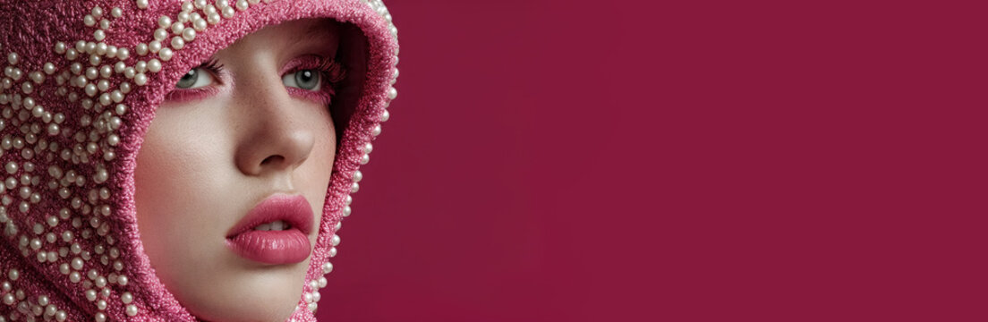 Portrait of a blonde in a pink hood with pearls.