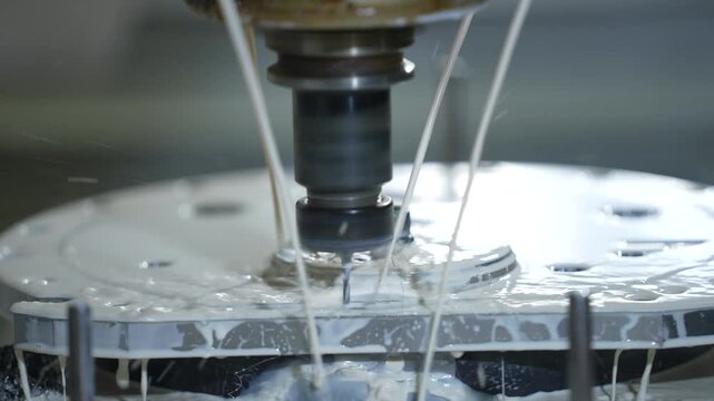 CNC turning machine high precision throwing coolant liquid on metal component in shaping forming process by computer numerical control automation milling workpiece using a rotating cutting tool