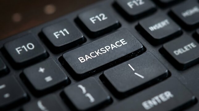 Close up of a black computer keyboard showing the backspace key